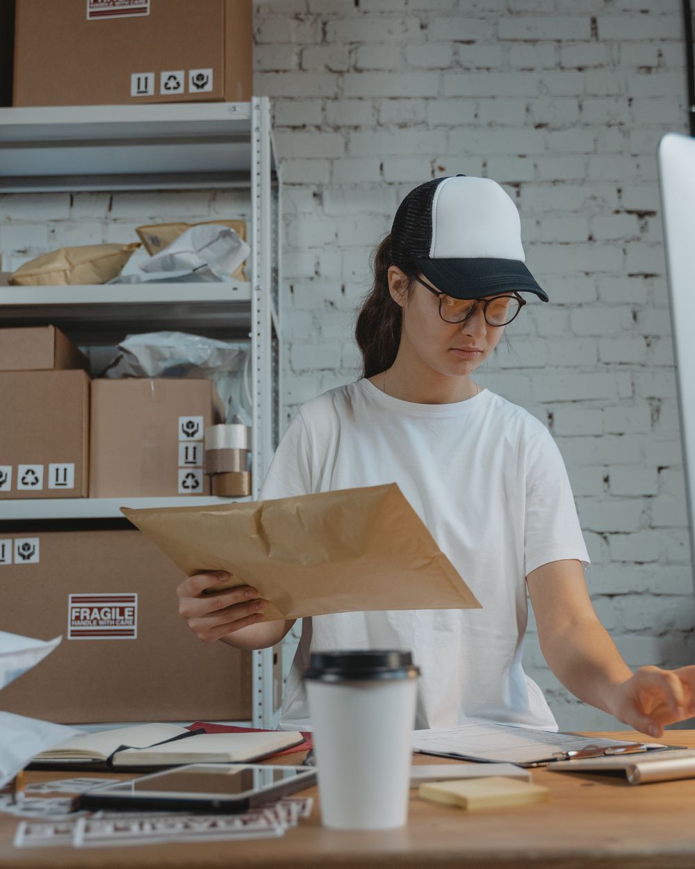 Distribution warehouse worker reviewing an order on a tablet